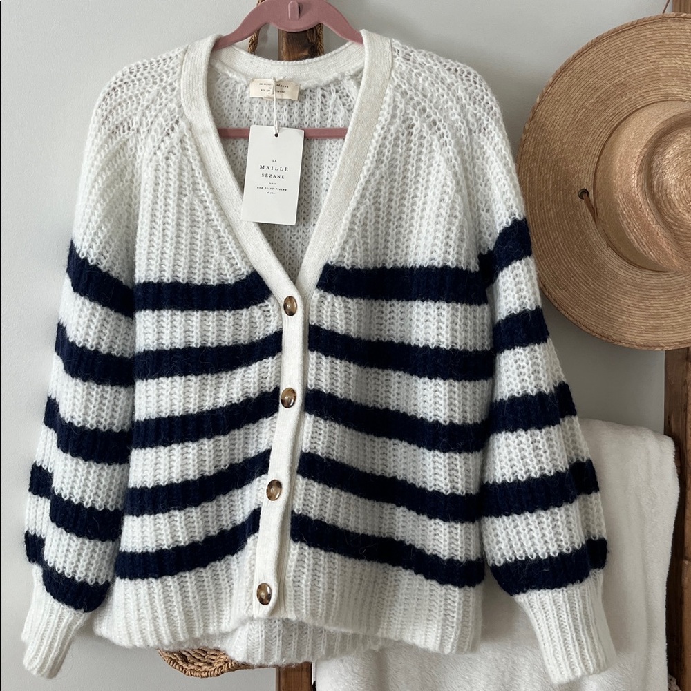 Sezane Basile Cardigan Ecru / Navy XL